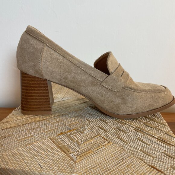 Journee Collection Block Heel Loafers Sz 8 Faux Suede Taupe - Picture 5 of 10
